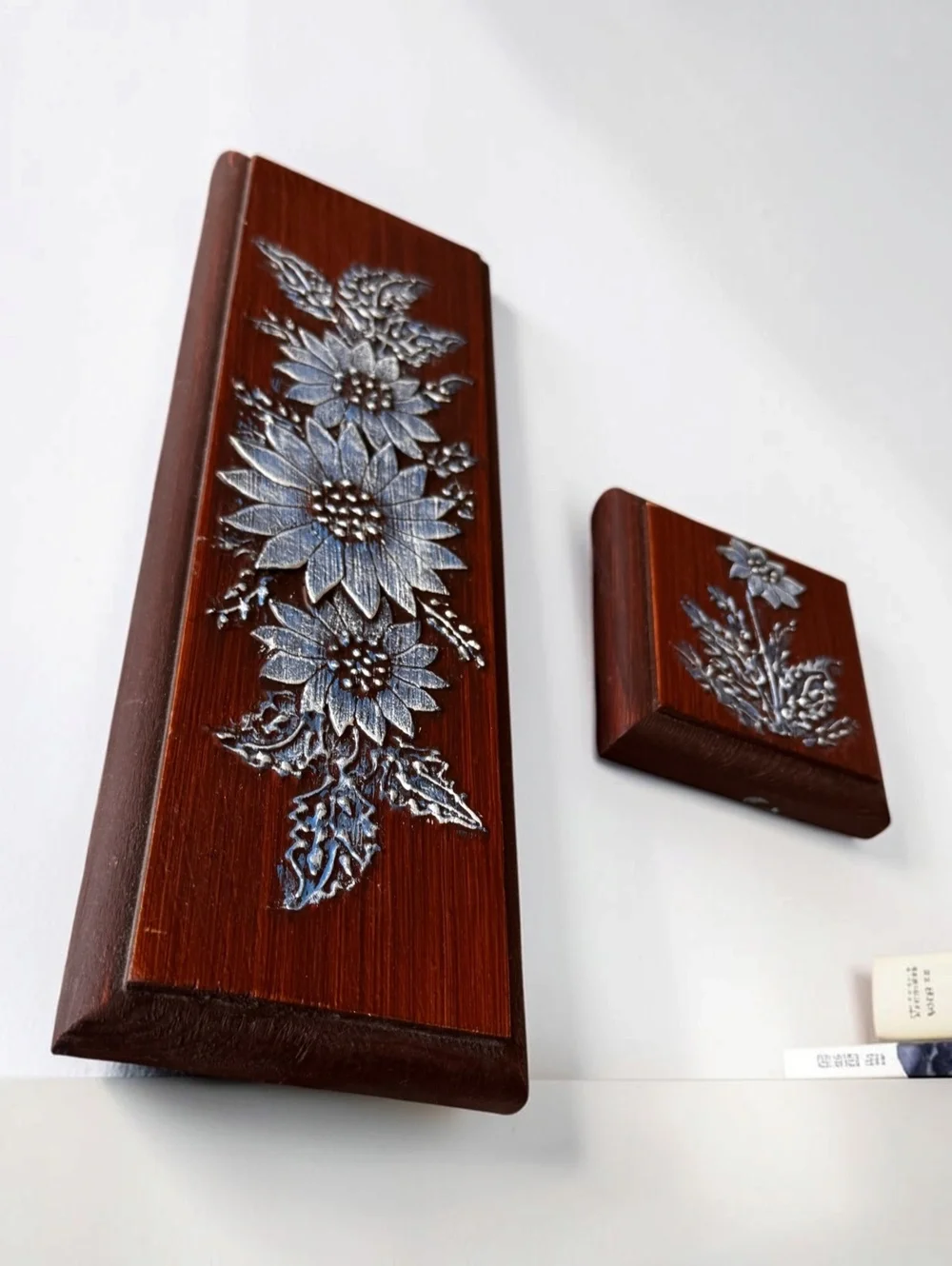 Vintage Beth Ritter Bas-Relief Floral Wall Art Set of 2 Wood Silver Flowers